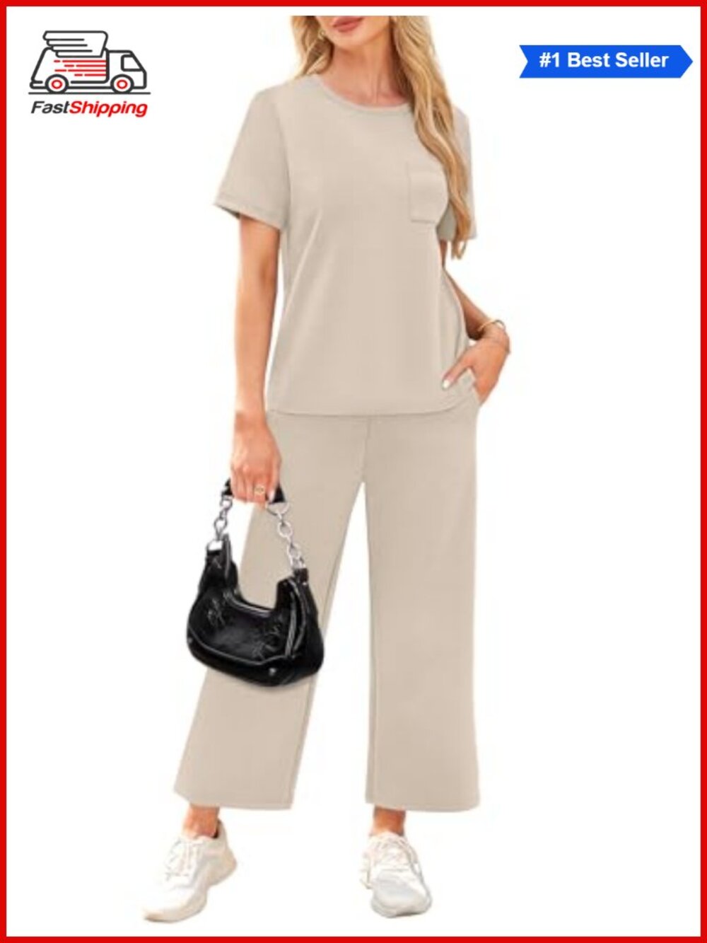 β¨WIHOLL 2 Piece Set Womens Short Sleeve Top Wide Leg Crop Pants Lounge Travel - Picture 3 of 6